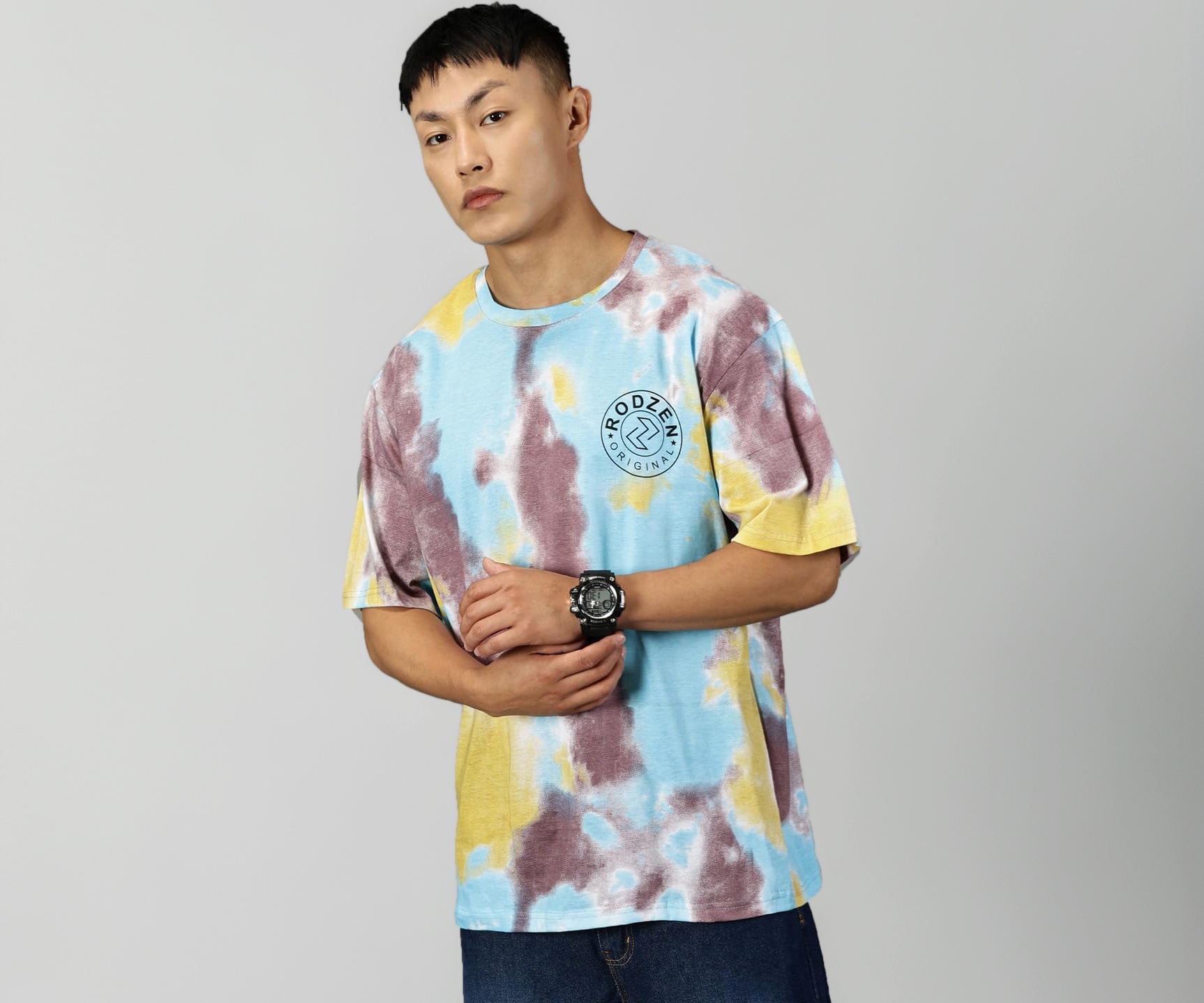 Buy RodZen Oversized Half Sleeves Cotton Round Neck Tie-Dye